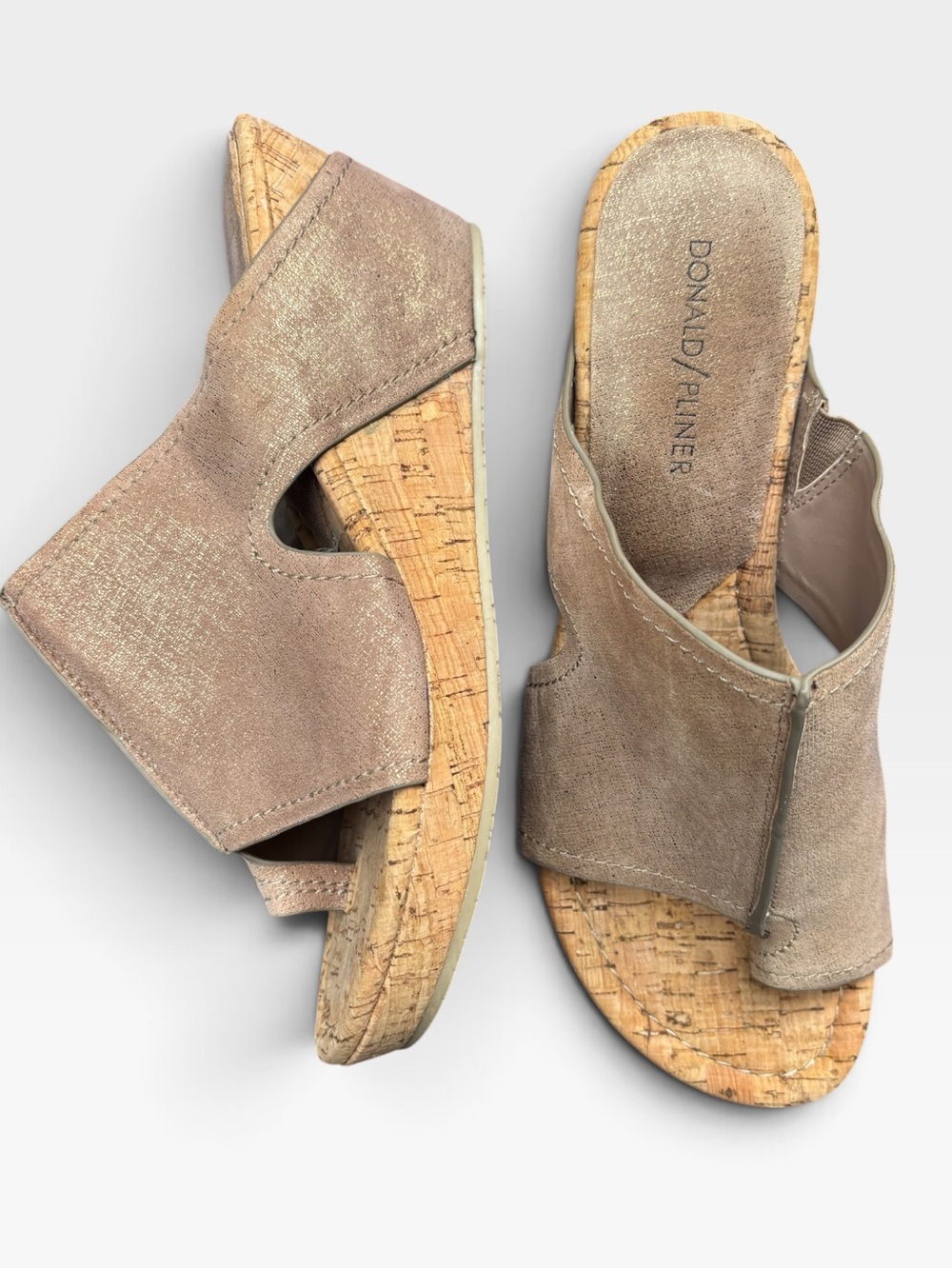 Donald Pliner Leather Slide Thong Cork Wedge Sandals Metallic Tan Size 10